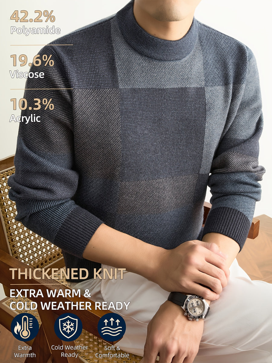 Men'S Autumn And Winter Knitted Pullover Sweater, Classic Crew Neck with Color-Block Geometric Design, Thick And Warm for Cold Weather, Ideal for Casual Wear, Outdoor Activities, Camping, Hiking, And Fishing, Gift for Dad Or Husband - Medium Gray