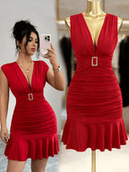 Early Spring/Summer Fashion: A Sensual, Elegant, and Stylish Red Look. Design Elements Include: a Deep V-neck, Pleating, a Double-layered Construction, and a Square Buckle Embellished with Rhinestones. - Red