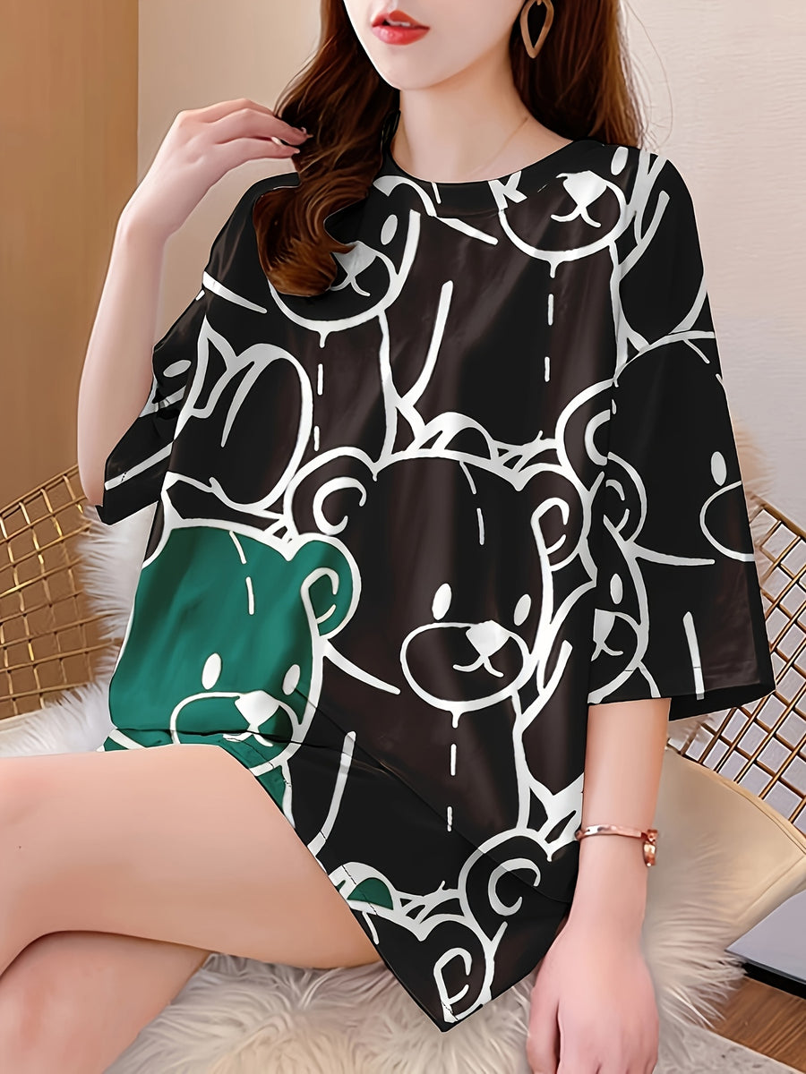 Summer New Large Size Loose Fashion Trend Slim Cartoon Round Neck Print Ladies Women'S Medium And Long Short-Sleeved T-Shirt Clothes - Black