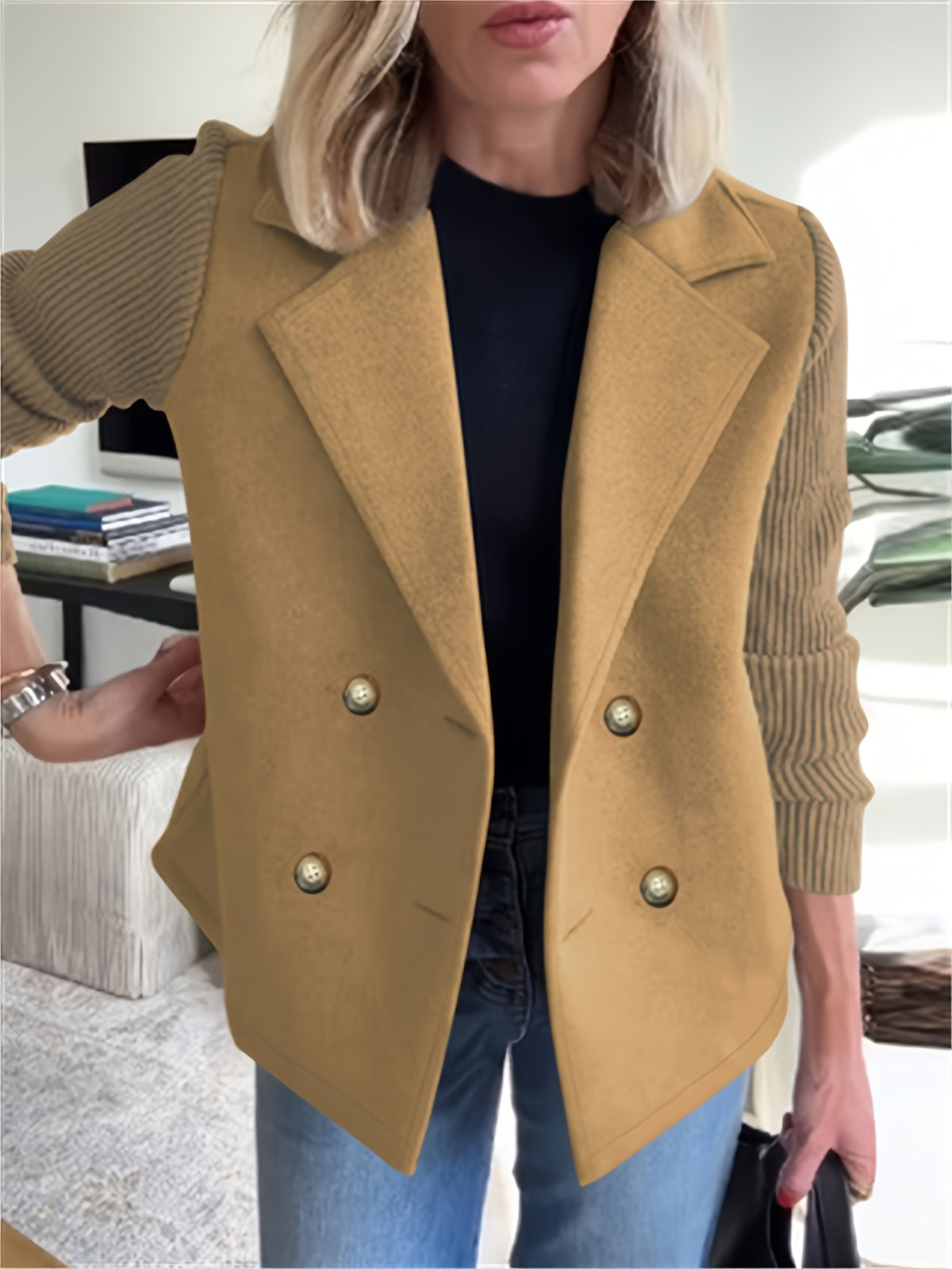 New European and American Women's Suit Jacket, Fashionable and Elegant Fabric Patchwork Double-Breasted Tweed Coat for Women - Khaki