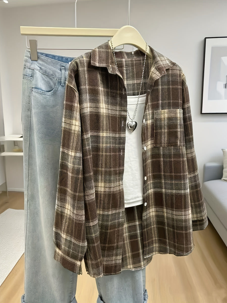 Women's plaid shirt spring and autumn jacket loose lazy style new Korean version versatile casual top spring and autumn thin version petite American retro Hong Kong style vacation commuting essential - Coffee Color Grid