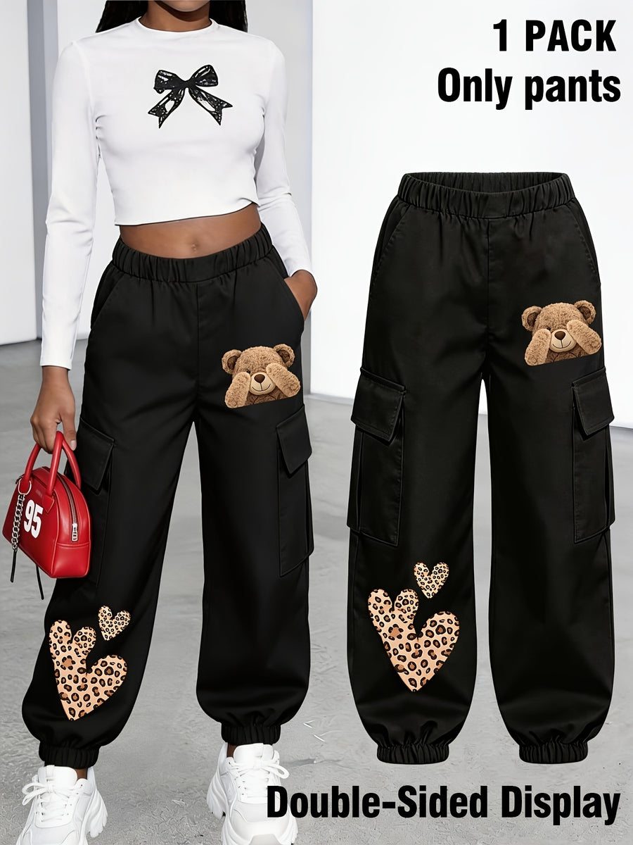 New Arrival - Women'S Long Pants (Single Piece), Cute And Fun Pattern Letter Print Cargo Pants, Multi-Pocket Design, Bear Cartoon Pattern, Cargo Style, Fashionable for Ages 18-25, Machine Washable, Durable Fabric - Perfect for Spring Summer - Black