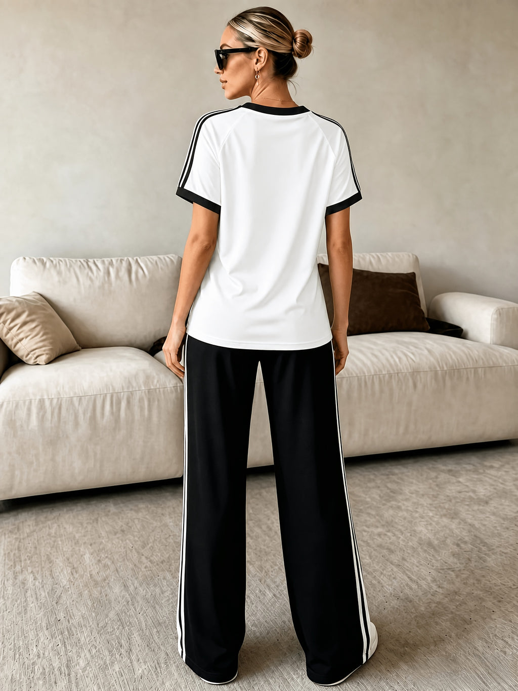2pcs Set Women's Regular Size Short Sleeve Long Pants Outfit, Color-Blocked Comfortable Soft Casual Sportswear Set with Long Sweatpants and Short Sleeve Top - White+black