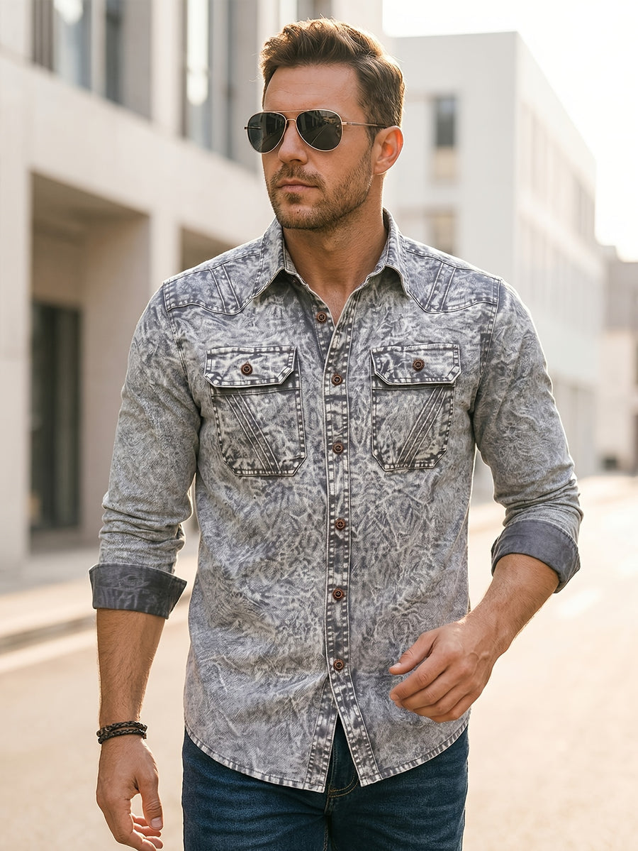 Autumn Men'S Denim Jacket Coat Long Sleeve Inner Outer Shirt Fashion New Style Shirt Casual Coat Premium Feel Double Pocket Hand Wash Denim Collar Shirt Classic Versatile Top Vintage Tie-Dye Denim Shirt Trendy Outerwear - Silvery Grey