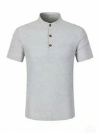 Men's Solid Color Patchwork T-Shirt, Simple and Elegant with a Vintage Button Design, Comfortable to Wear. Suitable for Spring, Summer, Home, Outings, and Travel Occasions, Showcasing a New Casual and Business Style - Grey