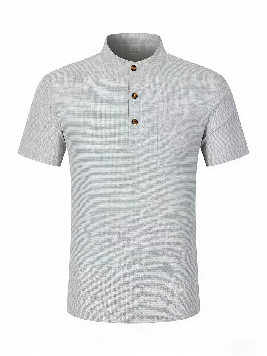 Men's Solid Color Patchwork T-Shirt, Simple and Elegant with a Vintage Button Design, Comfortable to Wear. Suitable for Spring, Summer, Home, Outings, and Travel Occasions, Showcasing a New Casual and Business Style - Grey
