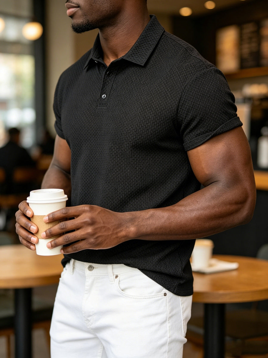 Men'S Solid Waffle Textured Polo Shirt, 3-Button Lapel Short Sleeve Breathable Casual Tee for Golf Business Beach Daily Summer Tops - Black