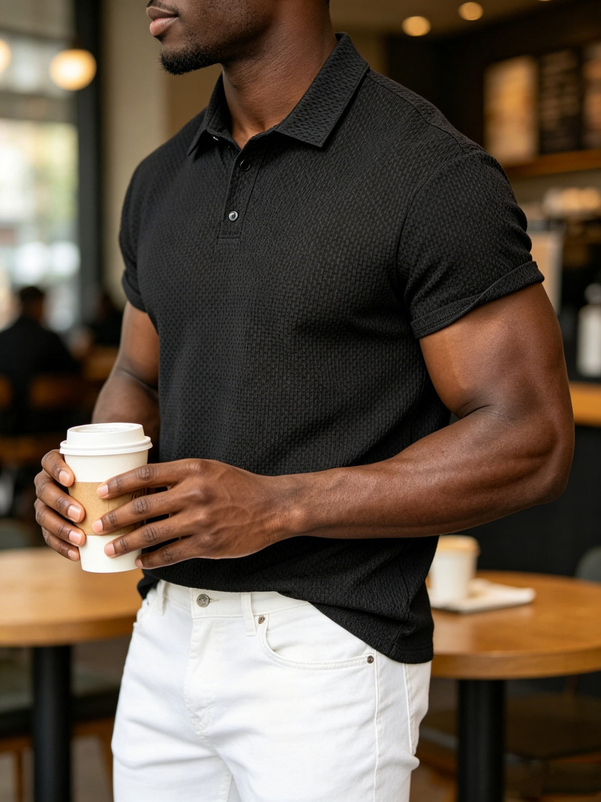 Men'S Solid Waffle Textured Polo Shirt, 3-Button Lapel Short Sleeve Breathable Casual Tee for Golf Business Beach Daily Summer Tops - Black
