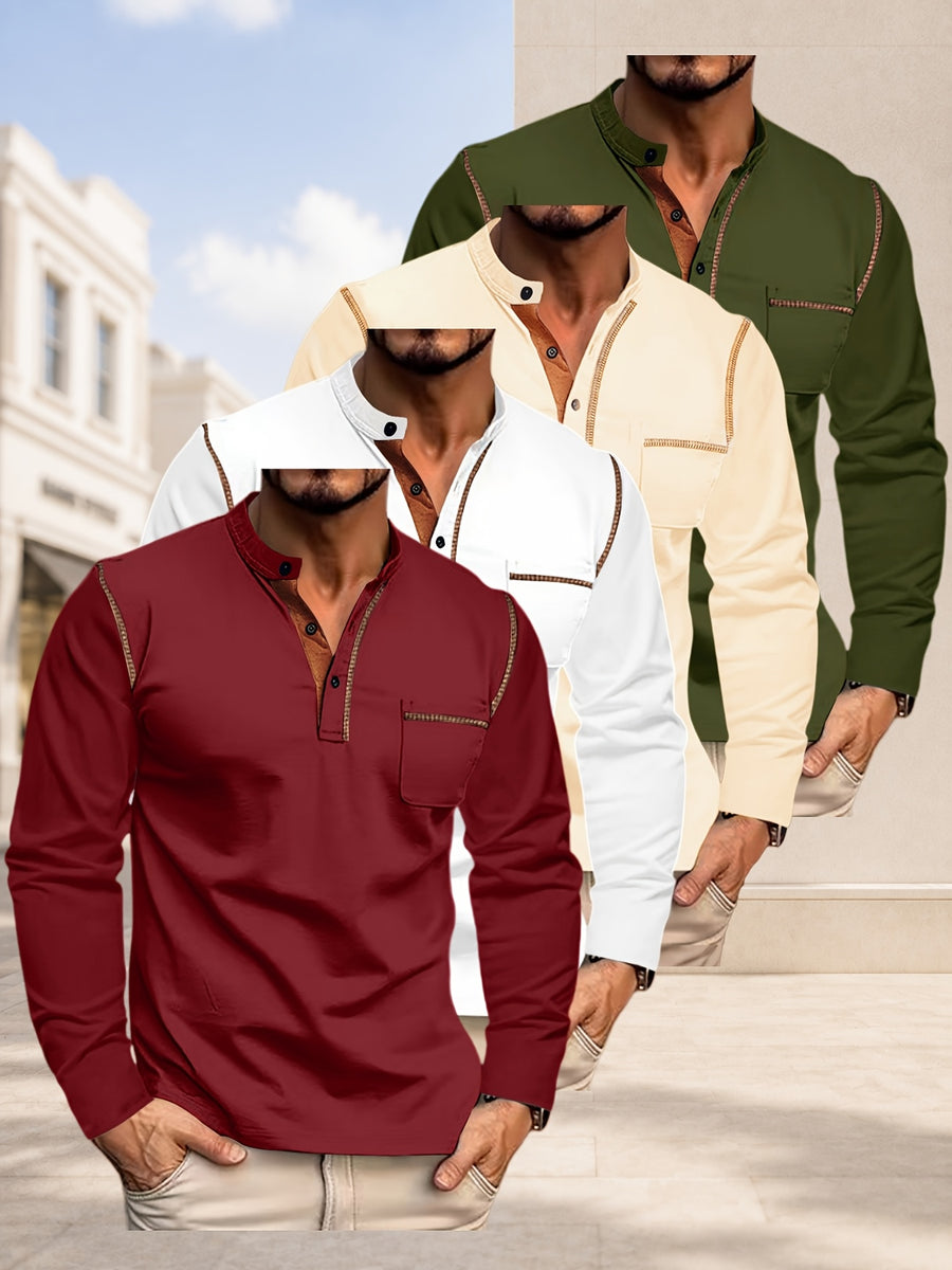 [JOSHIMAI OBM] 4pcs Men'S Long Sleeve Henley Shirts, Soft Comfortable Skin-Friendly Fabric, Lightweight Breathable Easy Care Stand Collar 3-Button Placket with Chest Pocket Detail, Solid Color Casual Top, Versatile for Office Commute - Wine Red+ White+ Khaki+ Army Green