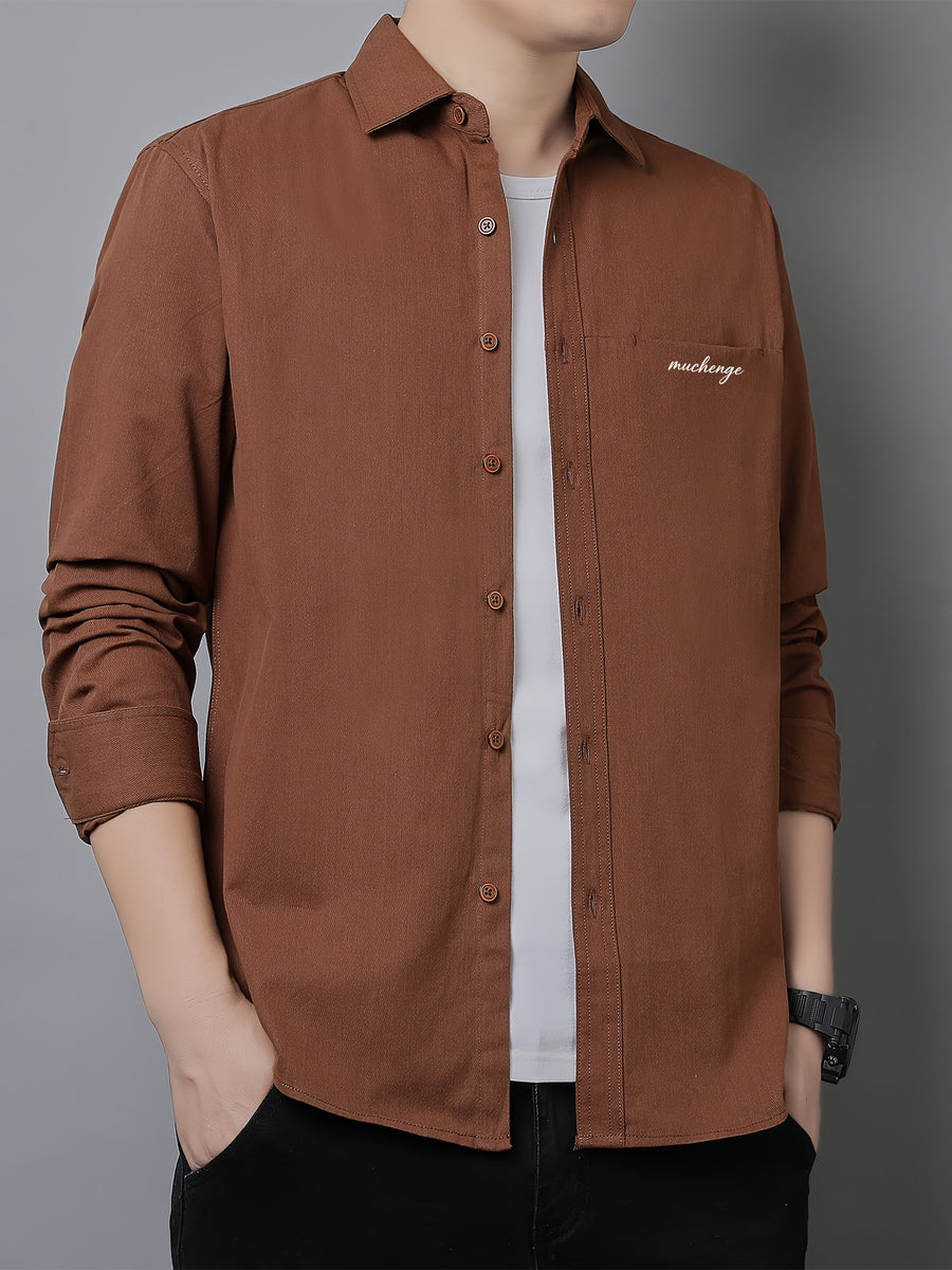 Men'S Long Sleeve Shirt with Lapel, Easy Letter Print Solid Color Hidden Single Pocket Casual Shirt, Washed Breathable Fabric, Spring/Autumn Commute Daily Wear Men'S Top, Inner And Outer Wear Multi-Color Available - Rust