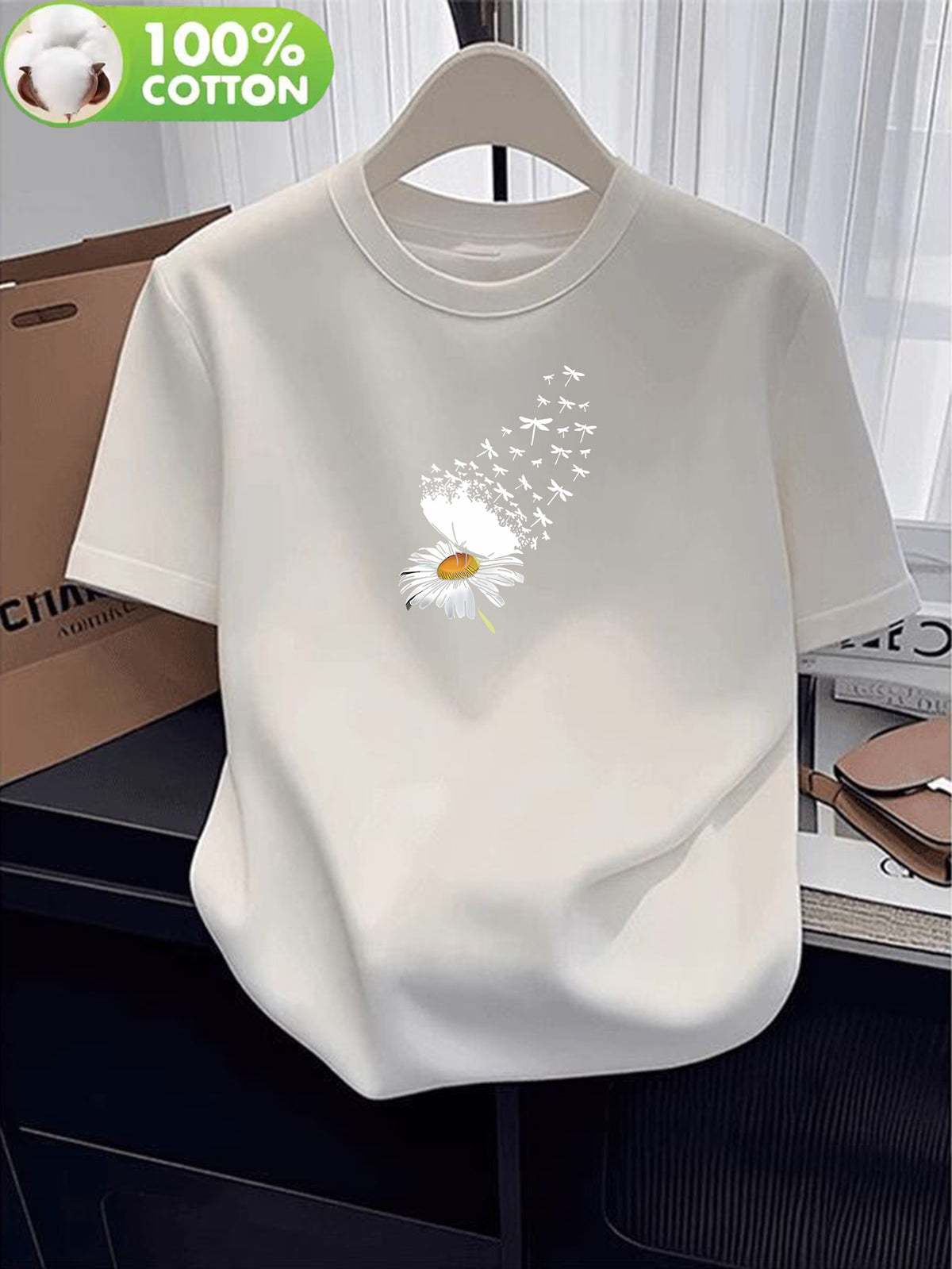 100% Women's T-Shirt, Summer Short Sleeve Lightweight Top, Trendy and Fashionable Standard Fit, Loose, Breathable, Versatile,, Fresh Little Daisy Pattern with Flying Bird Element, Simple and Artistic Design - White