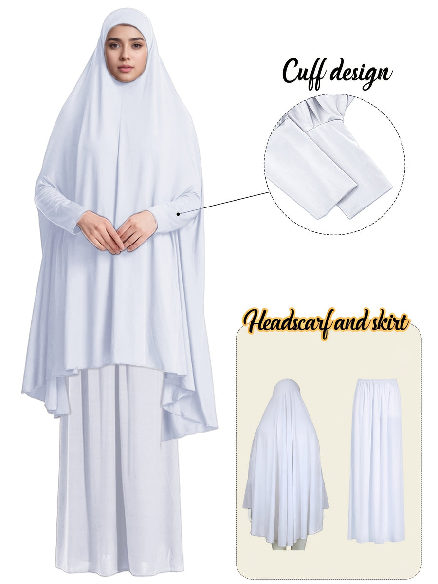 2pcs Women'S Solid Color Robe And Skirt Set, a Conservative And Elegant Outfit for Everyday Wear, Featuring Sleeves Inspired by Middle Eastern Traditional Culture, Abayas - White