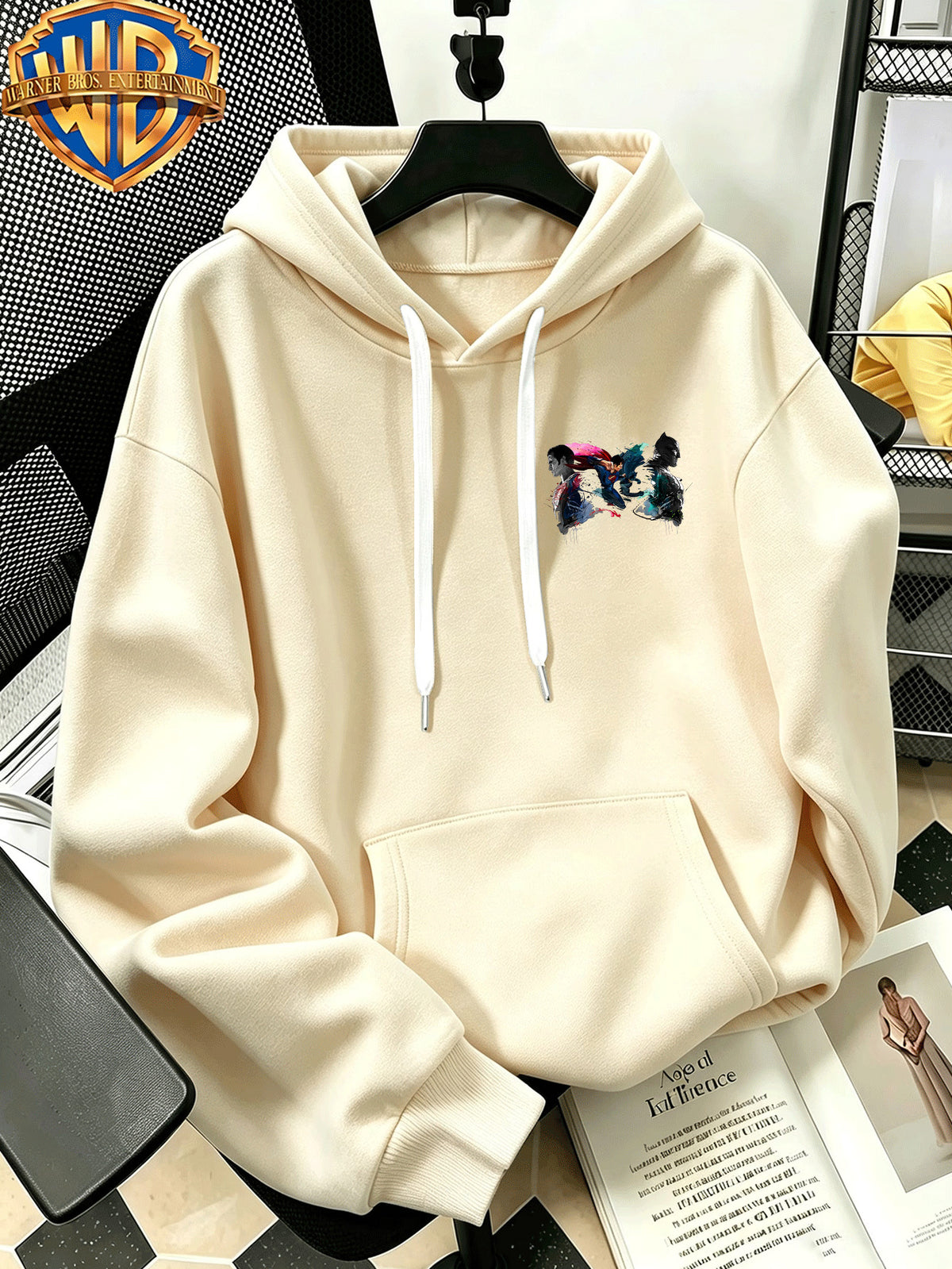 Autumn Winter Trendy Fashion Drawstring Pocket Hooded Men'S Sweatshirt, Ink Splatter Superman Batman Cool Print Design, Sporty Casual Loose Hoodie, Casual Wear for Daily Life, Trendy Style For, Suitable for Home And Outings, Unisex - Apricot