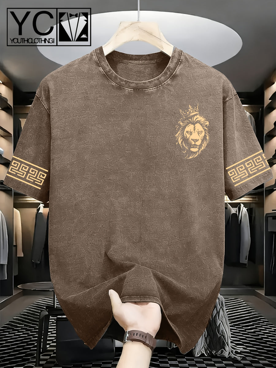 Men'S Short-Sleeve T-Shirt with Trendy Greek Key Pattern Print on Cuffs And Distressed Wash End; Machine-Washable, Loose-Fit Crewneck Top with Textured Washed Look - Coffee color 1