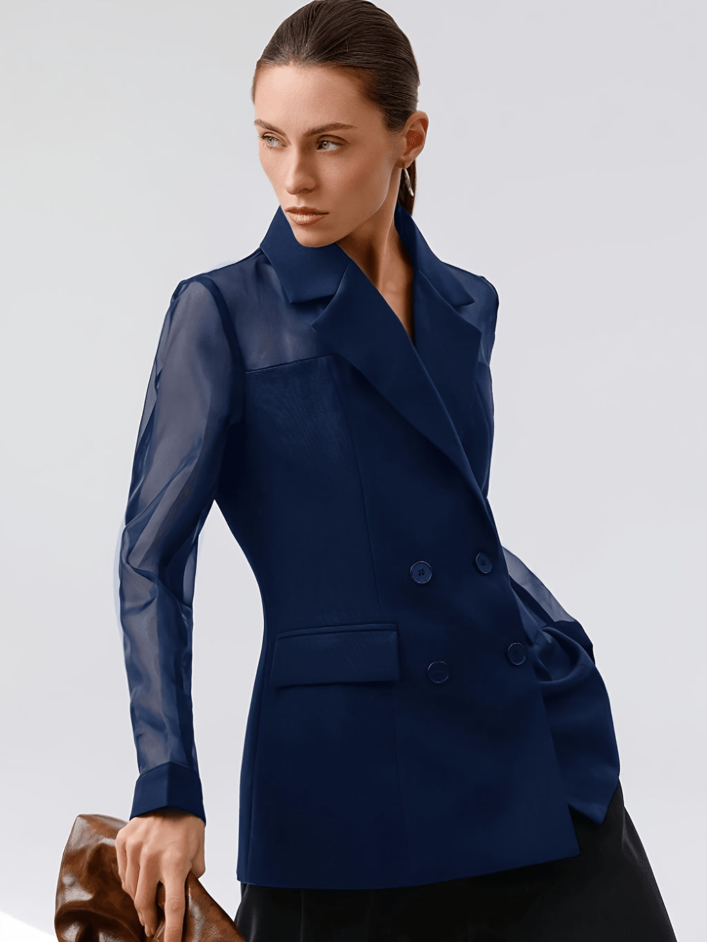Fashionable Women's Elegant Blazer, Stylish High-End Mesh Patchwork Double-Breasted New Casual Suit Jacket - Navy Color