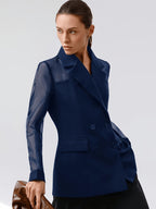 Fashionable Women's Elegant Blazer, Stylish High-End Mesh Patchwork Double-Breasted New Casual Suit Jacket - Navy Color