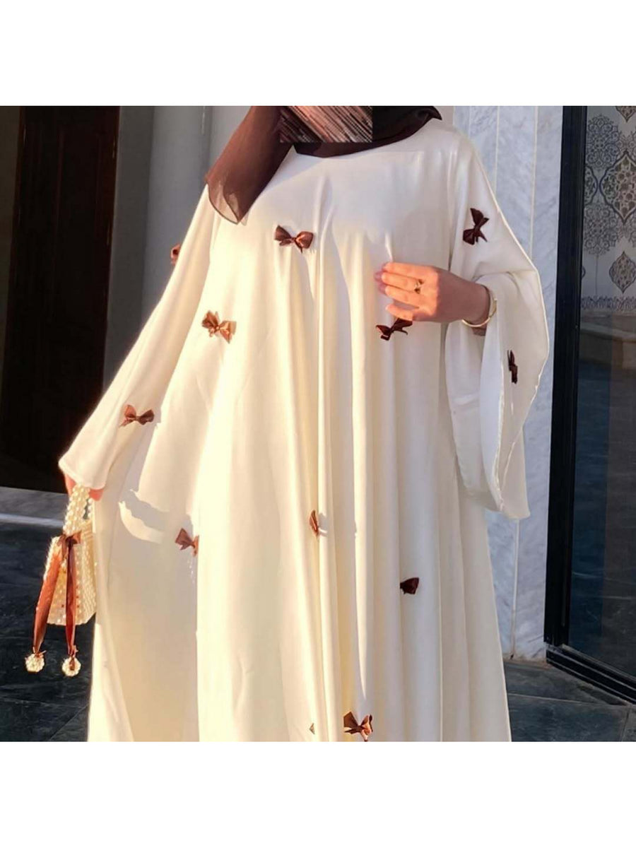 Middle Eastern Arab Women'S New Dubai Loose Trumpet Sleeve Bow Long Robe Dress - Dark Brown
