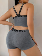 1 Set Plus Size Smooth Women'S English LOVE Panty And Bra Set Seamless Casual Mid-Waist Tummy Control Safety Shorts Four-Corner Pants Underwear Sexy Solid Soft Comfortable Butt Lifting Anti-Exposure Suitable for Daily Casual Leggings Breathable - Grey