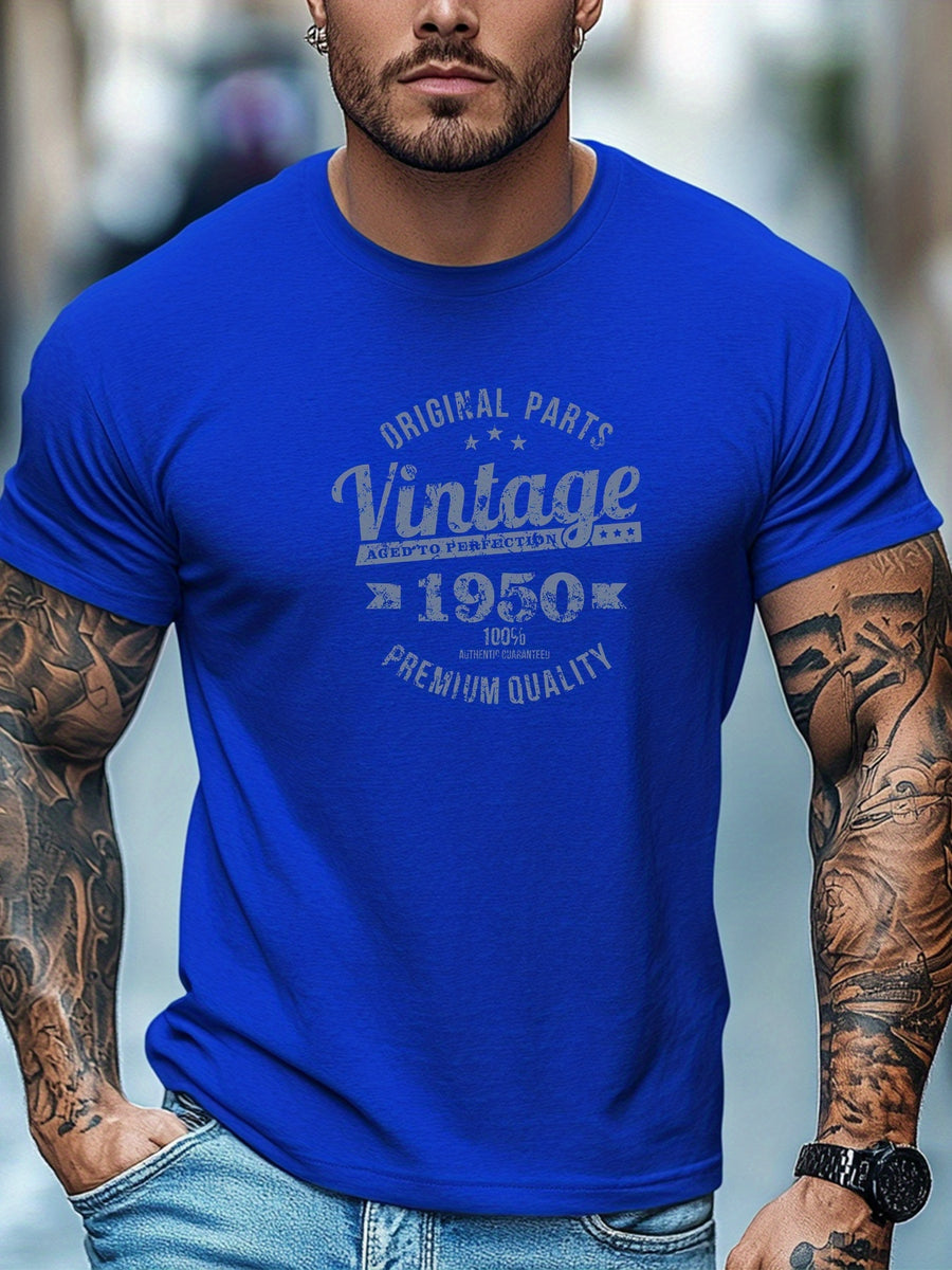 Men'S Original Parts Vintage Pattern Summer Casual Round Neck Short Sleeve T-Shirt - Royal Blue
