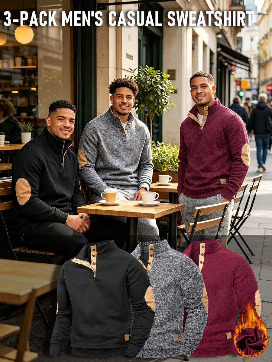 [Back-to-School Season] 3pcs - Men's Casual Long-Sleeve Pullover, Solid Color Long-Sleeve for Daily Outings, Commuting, and Back-to-School, Vintage Casual Autumn/Winter Regular Fit Versatile Style, Multi-pc, Stand Collar Lined for Warmth with Elbow - Black+Dark Gray+Wine Red