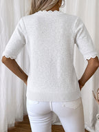Women'S Elegant Round Neck Sweater Pullover, Casual Short Sleeve Top, Solid Color Spring Summer Pullover, Loose Fit, Comfortable Wear, Suitable for Spring Summer Autumn Fashion Versatile Women'S Clothing, Short And Deep - White