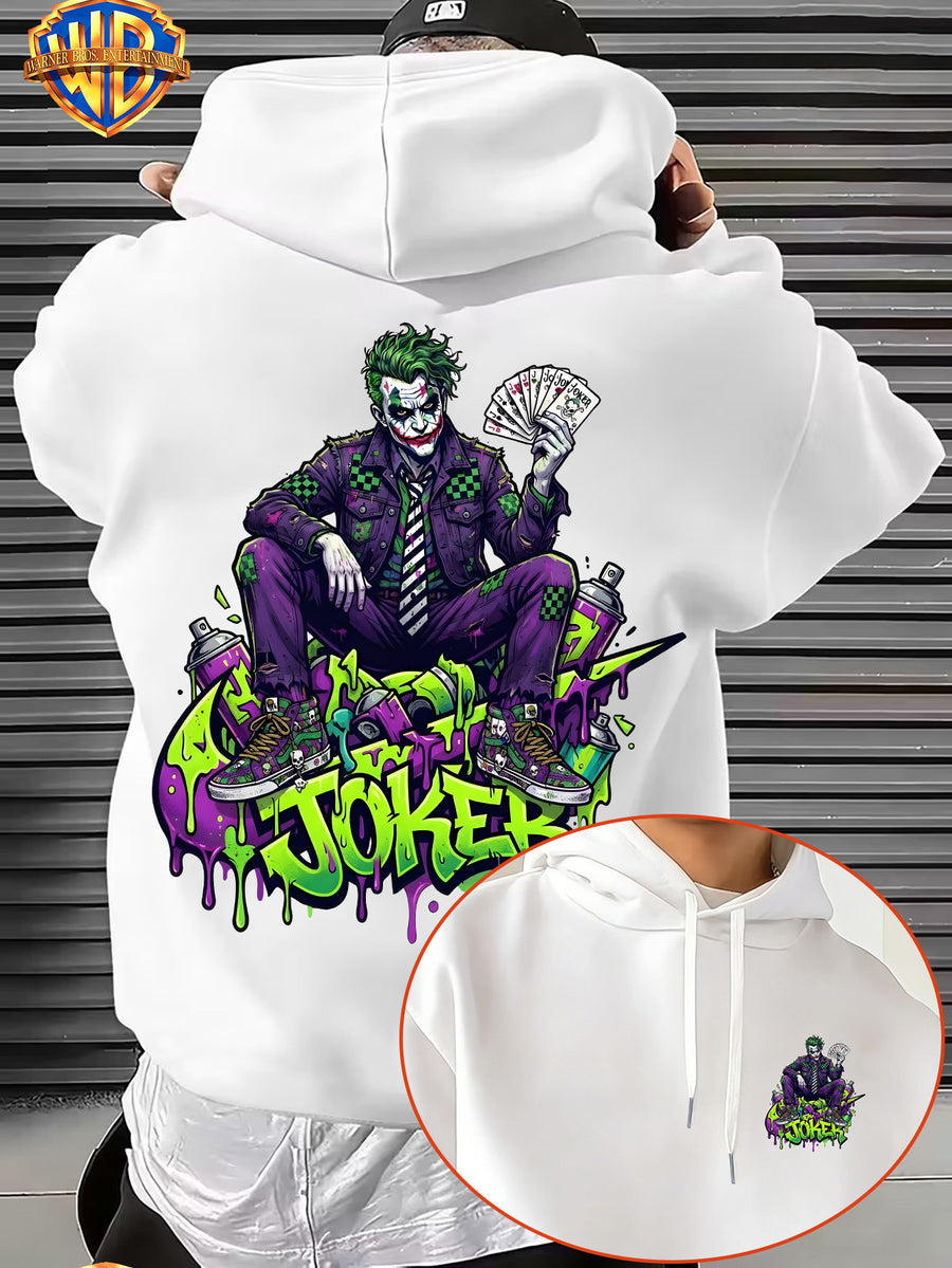 Warner Bros. JOKER Purple-Green Color Block Graffiti Art Font Spray-Painted Background Plaid Workwear Style Sneakers with Paint Drip Cool Print Men's Fashion Hooded Sweatshirt, Sleeve Print Design, Kangaroo Pocket, Drawstring Hood, Suitable for Daily - White