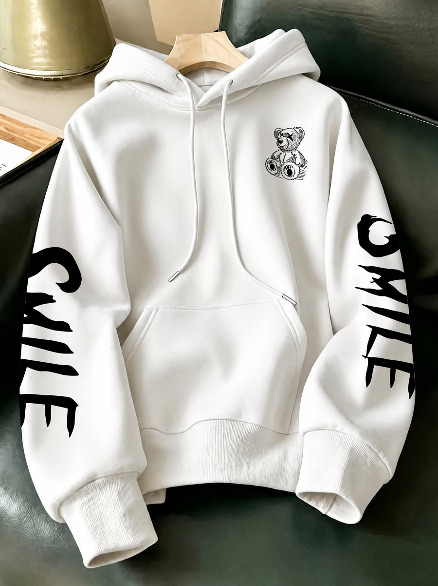 Men'S Casual Sports Hoodie - Street Y2K Style Men'S Hooded Sweatshirt with Pockets, Double Sleeve SMILE Letter Graffiti And X-Eye Bear Special Print, Loose Wrinkle-Resistant Slight Stretch Design for Athletic Comfort - White