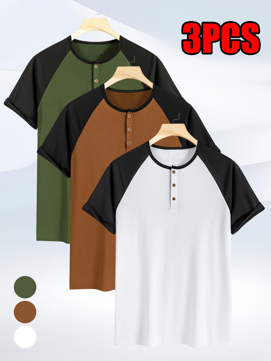 3pcs Pc (3pcs) Men's Summer Lightweight Short-Sleeve Polo Shirts - Quick-Dry Breathable Button-Front Collar Suitable for Casual, Golf, Commuting & Sports | Non-Pilling Round Neck Button Design, Machine Washable Solid Color Shirts - Army Green + Brown + White
