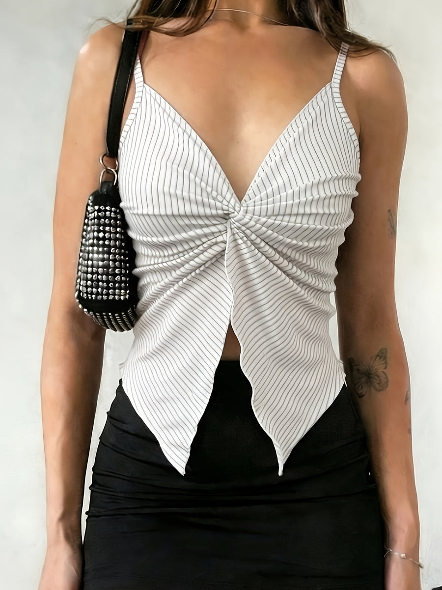 1pc Women'S Front-Slit Hem Camisole Top, Vacation Style, Design-Oriented Sexy Solid-Color Tank Top, Summer Cute Top Single Piece - Black And White Color