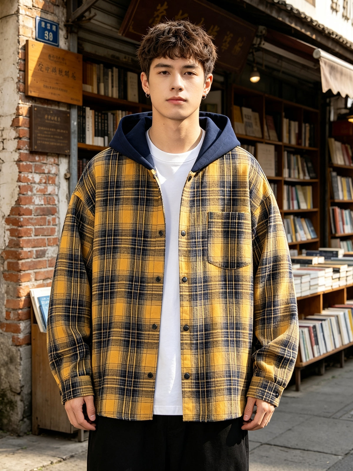 Men Fashion Hooded Fake 2pcs Shirt Jacket Plaid Contrast Hood Splicing Button Cardigan Pocket Loose Drop Shoulder Cut Vintage Trendy Long Sleeve Top for Young Men Daily Commuting Campus Outfits - Yellow Blue