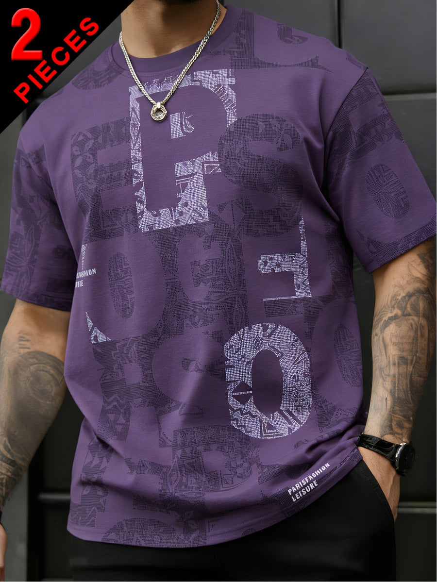 2pcs Men's Short Sleeve T-Shirts, Summer Fashion All-Over Print Short Sleeve Tees, Loose Fit Letter Print Stretch Short Sleeve Sport Tops, Youth Crew Neck Breathable Trendy T-Shirts, Suitable for Daily Wear, College, Street, and Sporty Outfits - 2 pieces - purple + black