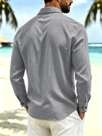 Spring/Autumn Men'S Henley Shirt Linen Long Sleeve, Comfortable And Breathable Fabric, Suitable for Daily Outings, Outdoor Sports, Travel, And Vacation, Lightweight And Breathable Regular Fit with Chest Pocket And Buttoned Cuffs, Ideal for Beach - Grey