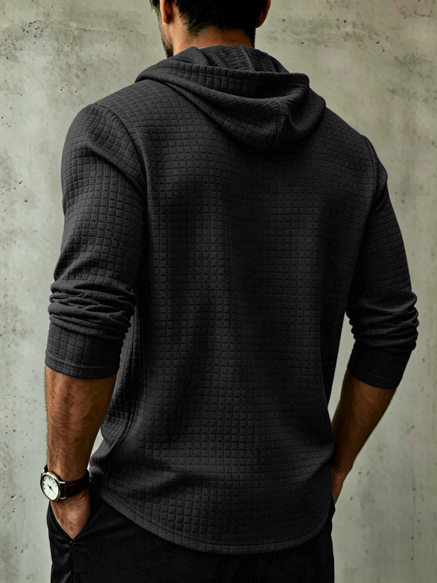 Men'S Fashion Hooded Sweatshirt, Autumn/Winter New Long Sleeve Half-Open Cardigan Top, Niche Small Checkered Jacquard Comfortable Warm Fabric, Solid Color Knit with Hood Craft Trendy Men'S Clothing, New Fabric Craft Design - Black