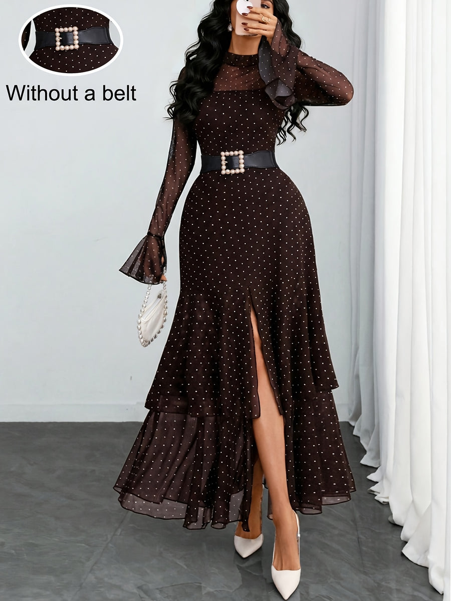 Women'S Romantic Sexy Elegant Modern Polka Dot Printed Stand Collar, Waist Double Slit Multi-Layered Skirt Dress, Suitable for Dates, Vacations, And Casual Wear, Belt Not Included - Dark Brown