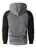 Men's Trendy Patchwork Print Hooded Sweatshirt, Casual Daily Wear Sporty Pullover, Autumn Essentials - Dark Gray + Black