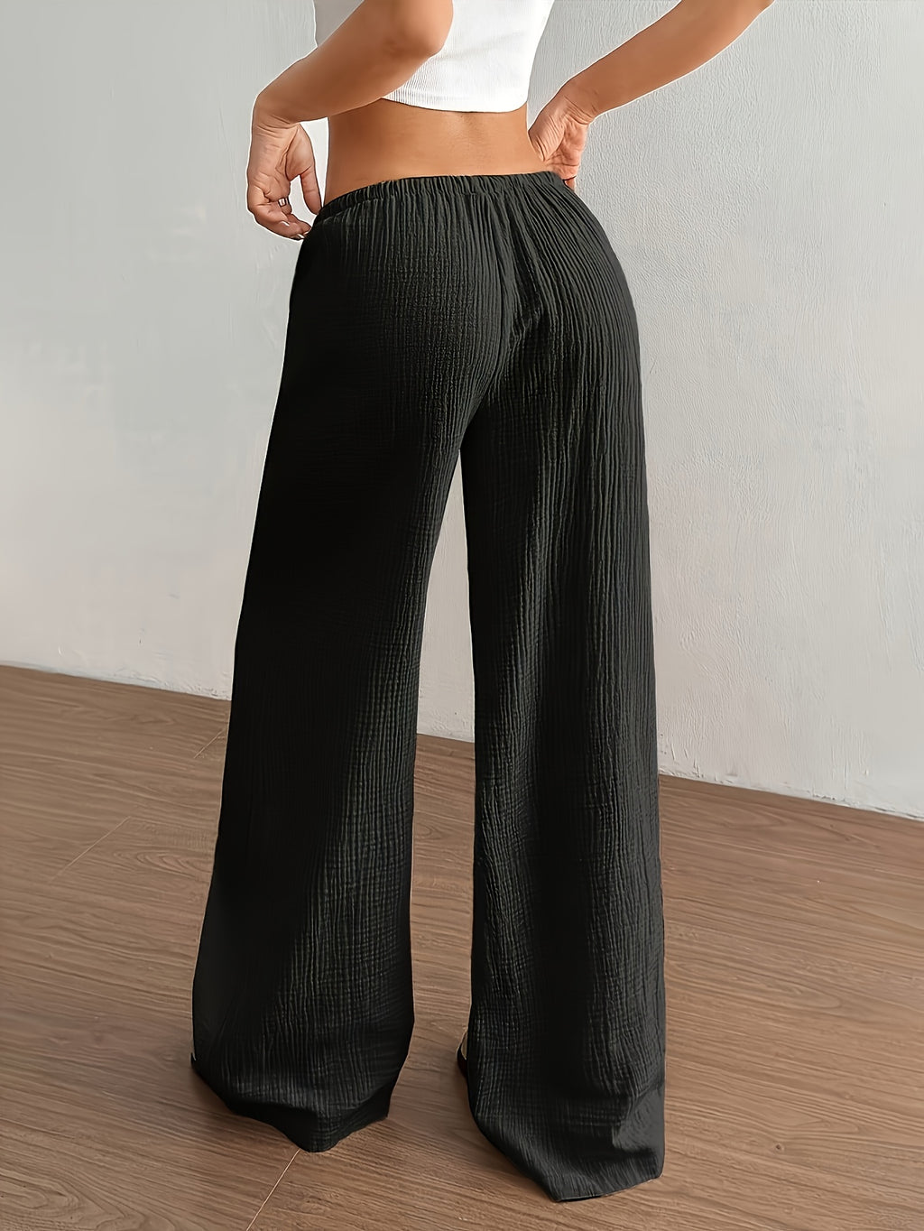 Women's Solid Color Wide-Leg Trousers - Elastic Waist Straight-Leg Pants with Adjustable Drawstring, Lightweight Loose Wide Pants Suitable for Spring Summer Fall, Casual Office Wear, Machine Washable Wide Leg Pants for Blouses - Black