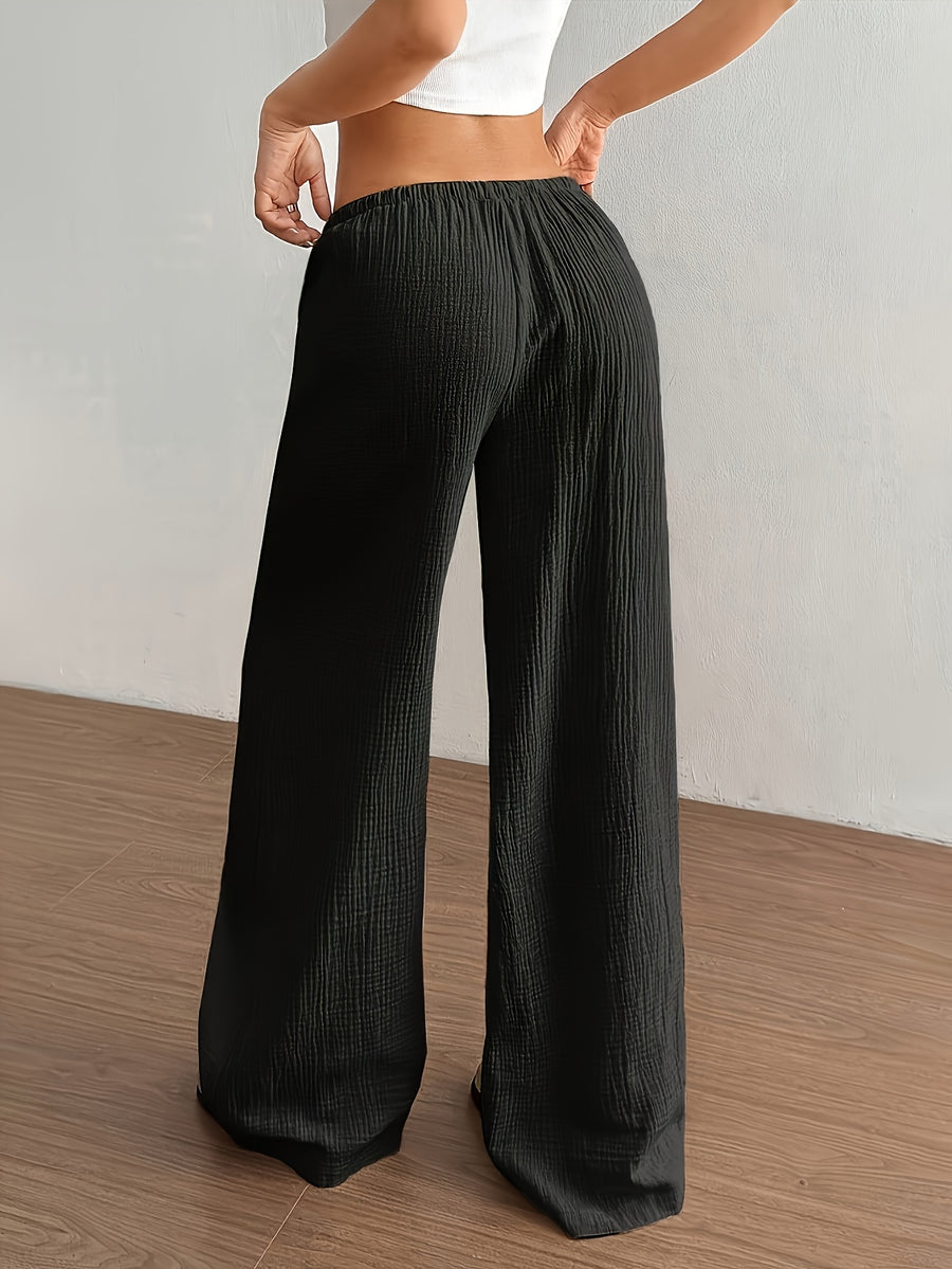 Women's Solid Color Wide-Leg Trousers - Elastic Waist Straight-Leg Pants with Adjustable Drawstring, Lightweight Loose Wide Pants Suitable for Spring Summer Fall, Casual Office Wear, Machine Washable Wide Leg Pants for Blouses - Black