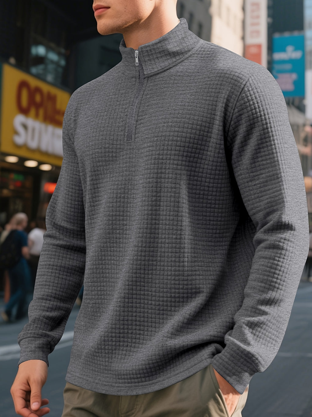 Men'S Four-Season Minimalist Casual Loose Jacquard Stand Collar Half-Zip Base Sweatshirt - Dark Gray