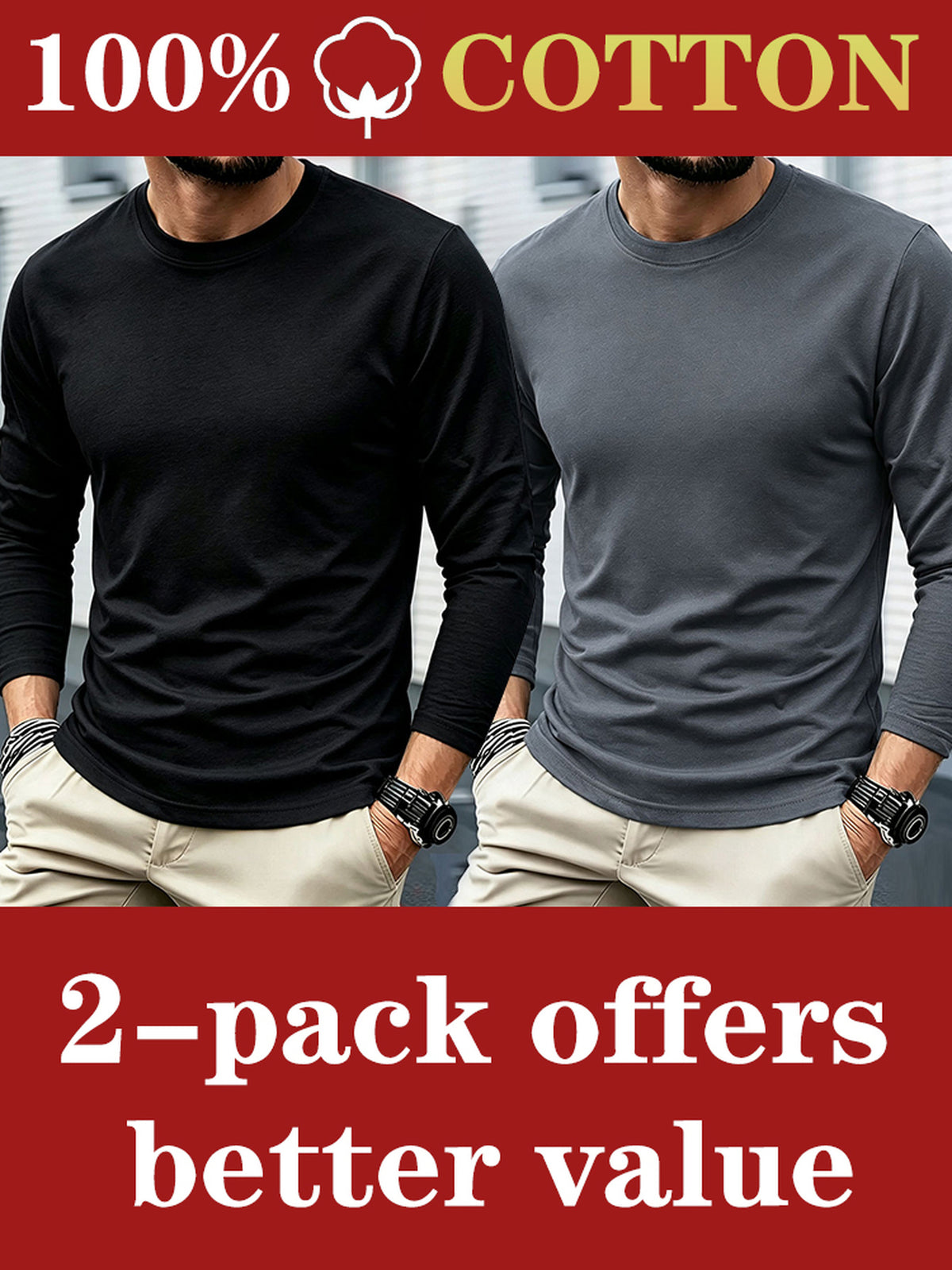 2pcs - 100% Men's Long Sleeve T-Shirt, Fabric, Comfortable and Breathable, Suitable for All Seasons, Essential for Casual Outings, Machine Washable - Combination Color 3