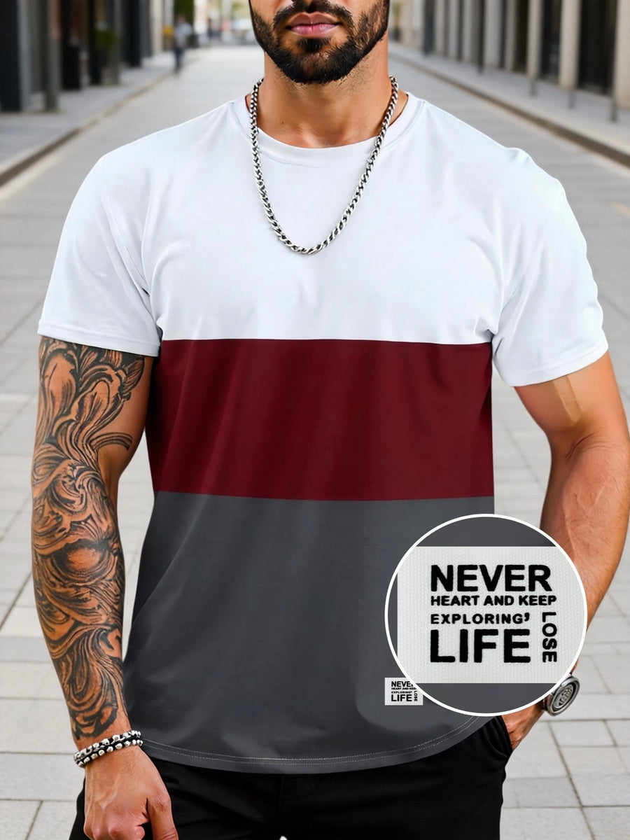 180g 100% Men's Three-Color Patchwork Short-Sleeve Top, Positioning Badge "NEVER LIFE": Summer All-Season Base Layer, Factory-Made for Men, Comfortable, High-Quality, High-Fit Rate, Casual Sportswear - Mixed Color 9