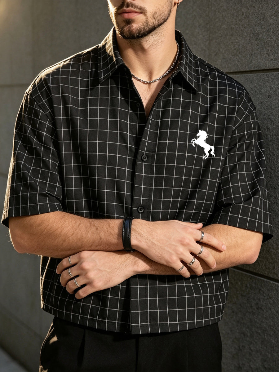 Men's Summer Plaid Short-Sleeve Cropped Shirt, Simple Line Print Lapel Shirt, Casual Versatile Short Shirt Top - Black