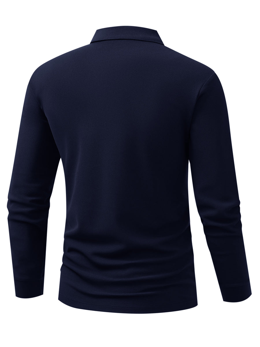 HC2-3459# Mountain Peak Minimalist Fashion Pattern Print, New Autumn/Winter 2025 Long Sleeve Polo Shirt, Contrast Color Design, Fashionable And High-End, Lapel Top, Comfortable And Breathable Fabric, Anti-Wrinkle And Anti-Pilling - Navy Color