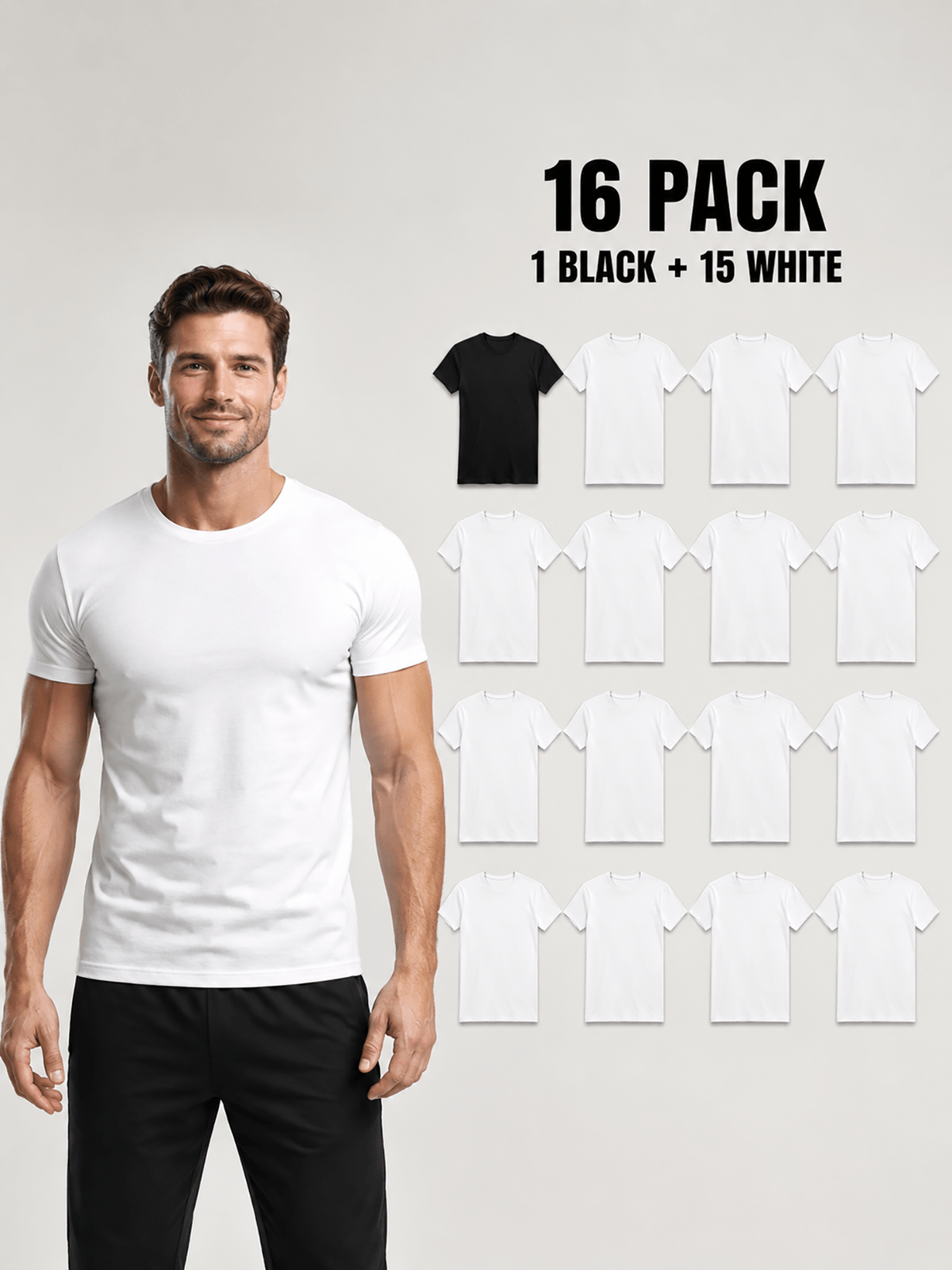 16pcs Men'S 100% Round-Neck Solid Color Short-Sleeve T-Shirts, Black And White, Soft And Breathable Basic Undershirts, Suitable for Daily Casual Wear, Sports, And Outdoor Wear - 1 Black 15 White 16 Pack