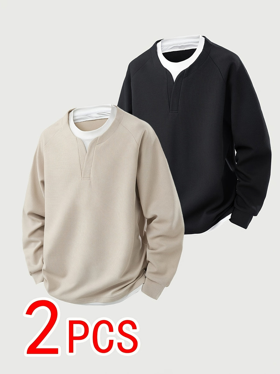 2pcs Men's Waffle Knit Sweatshirt, Stylish 2-in-1 Look Design, Men's Long Sleeve Base Layer, Men's Pullover Top, Men's Gift - Khaki+Black