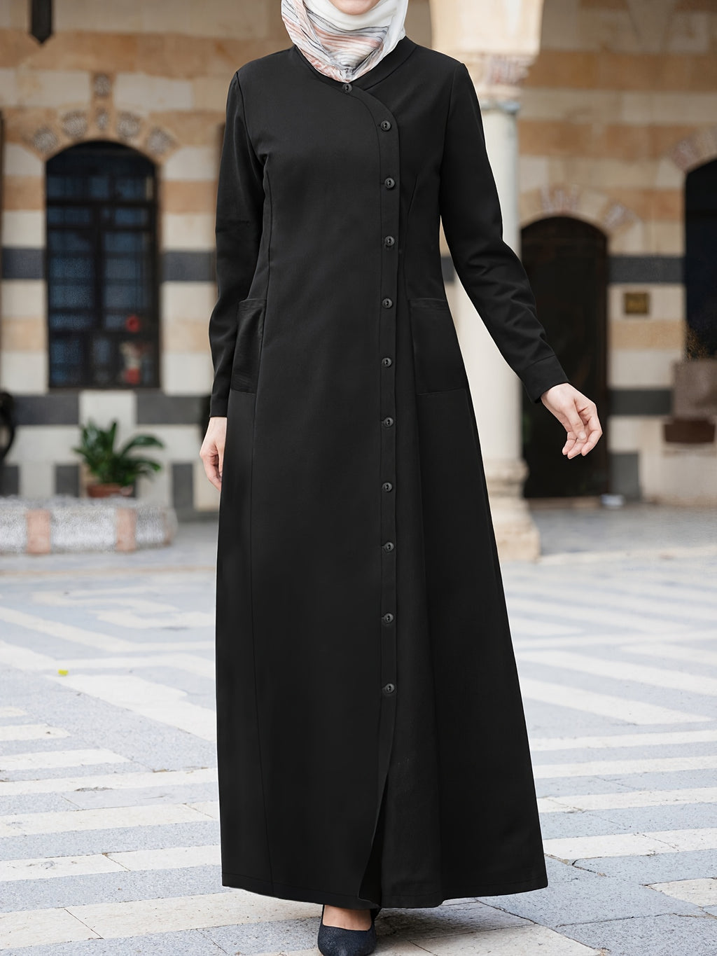 Spring/Autumn New Plain -Like Multi-Button Long Sleeve Women's Abayas - Black