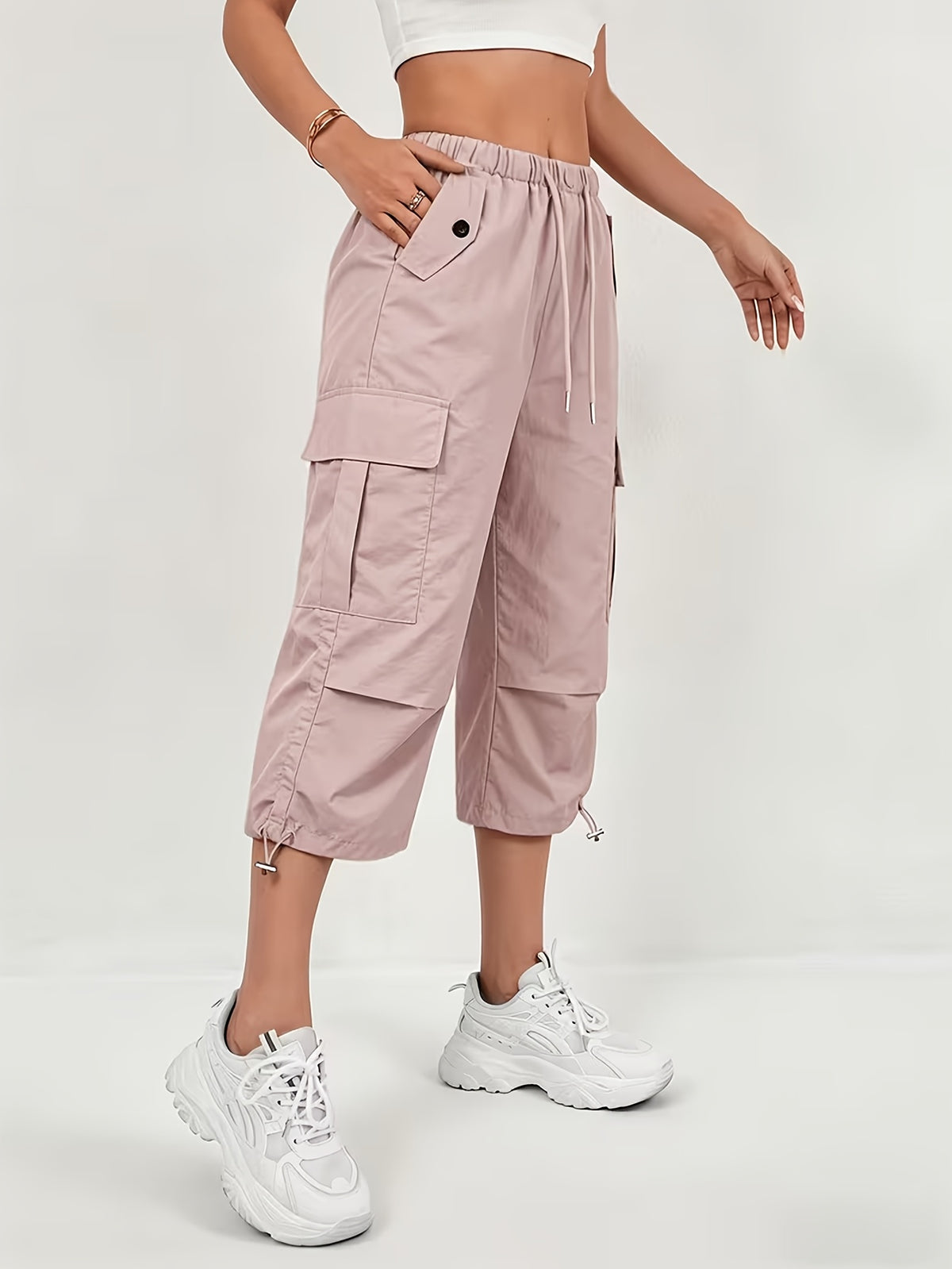 Women'S Quick-Dry Cargo Capri Pants with Elastic Waist And Drawstring - Lightweight Stretch Suitable for Outdoor Pants, Multi-Trousers, Machine Washable Loose-Fit Mid-Length for Travel, Casual Attire - Pink Color
