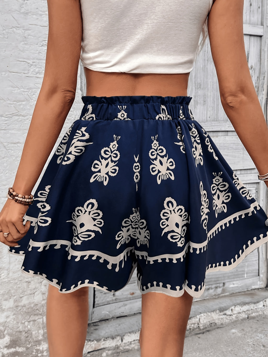 Latin Style Women'S Bohemian Printed Loose Skirt Shorts - Blue Navy