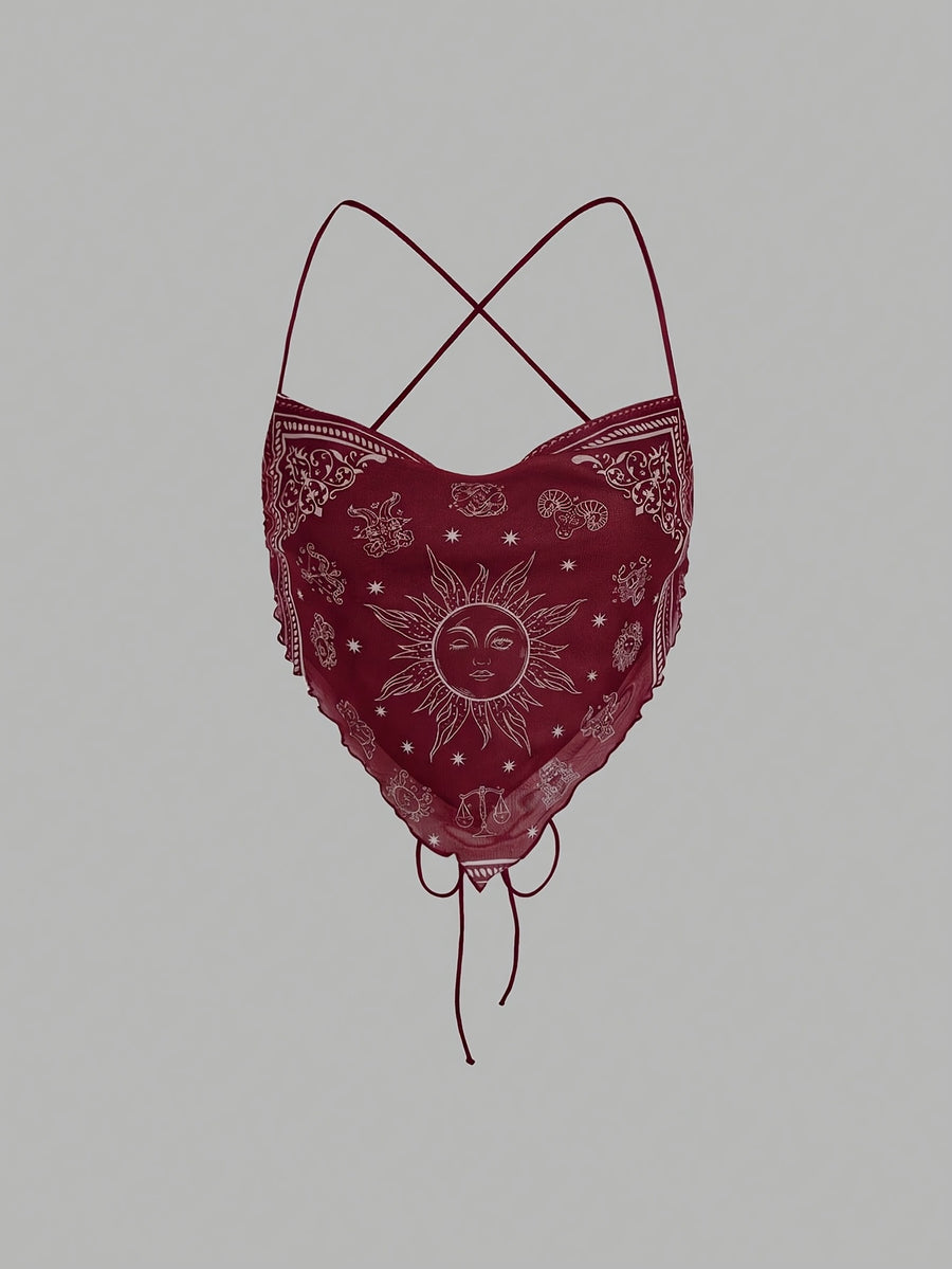 Women's Camisole Top with Criss-cross Tie Design, Paisley Pattern Placement Print, Backless Style, Perfect for Beach Vacations - Burgundy