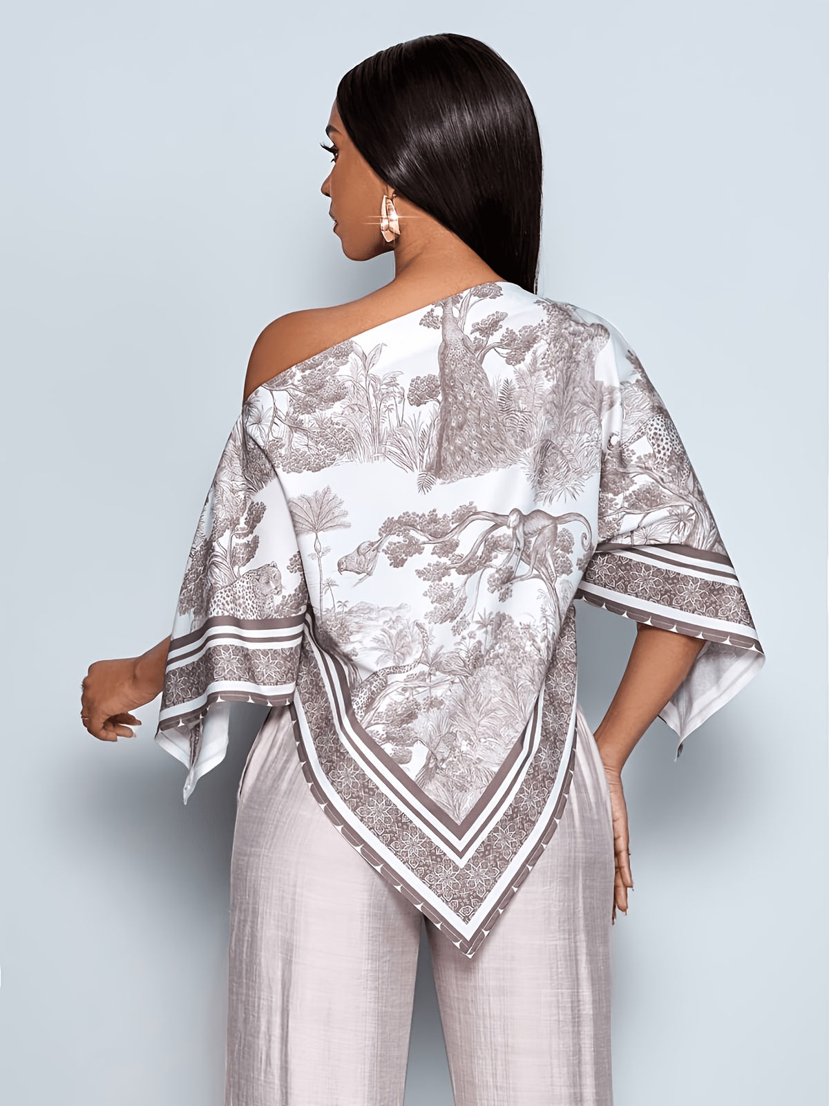 Women'S Summer Elegant Off-Shoulder Top Bohemian Asymmetrical Shirt Summer Vacation Wear - Coffee Color