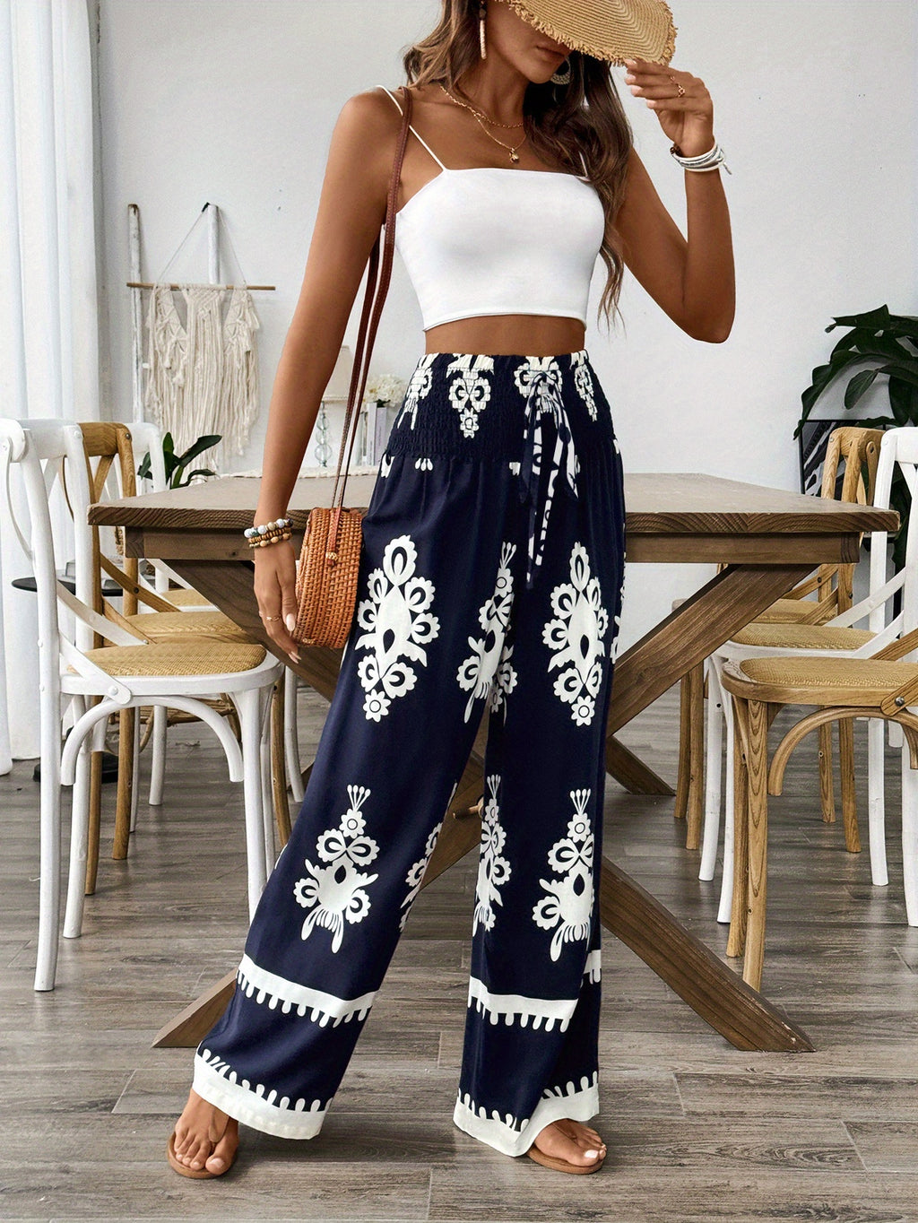 Floral Waist-Tie Fashion Casual Printed Pants, Women's Long Wide-Leg Trousers - Navy Color